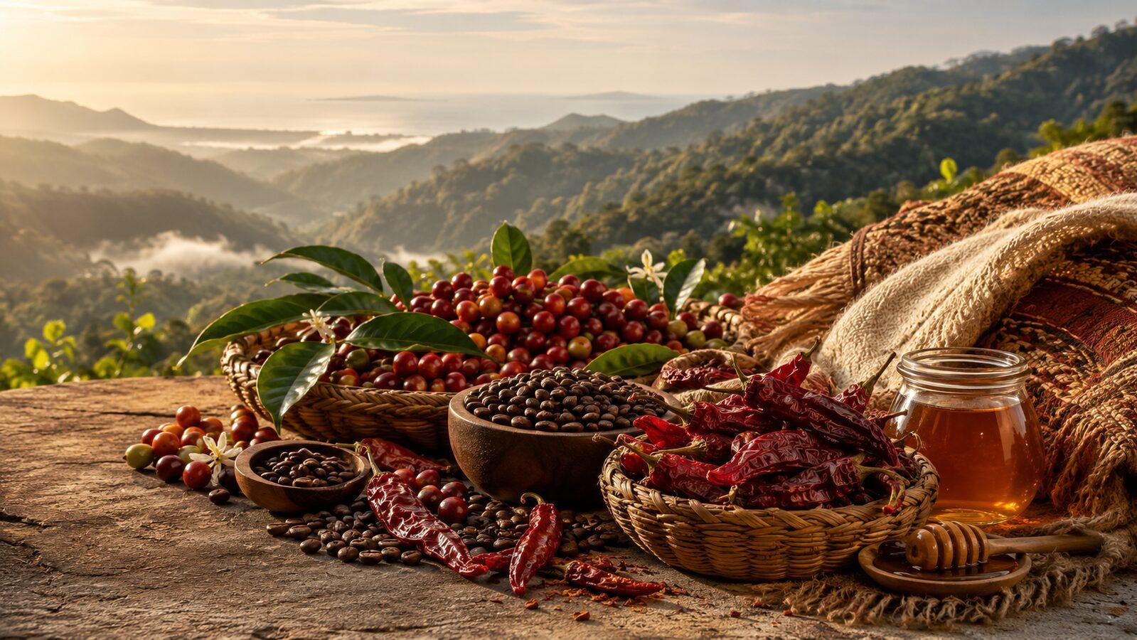 Coffee, red chillies, honey and woven textiles overlooking a sunlit Indian valley — illustrative collection scene