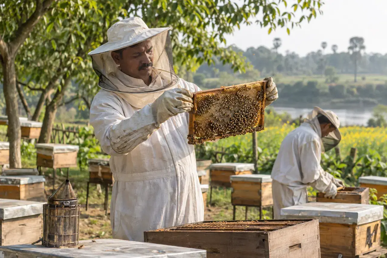 Illustrative scene of a beekeeper wearing protective clothing and inspecting a hive frame