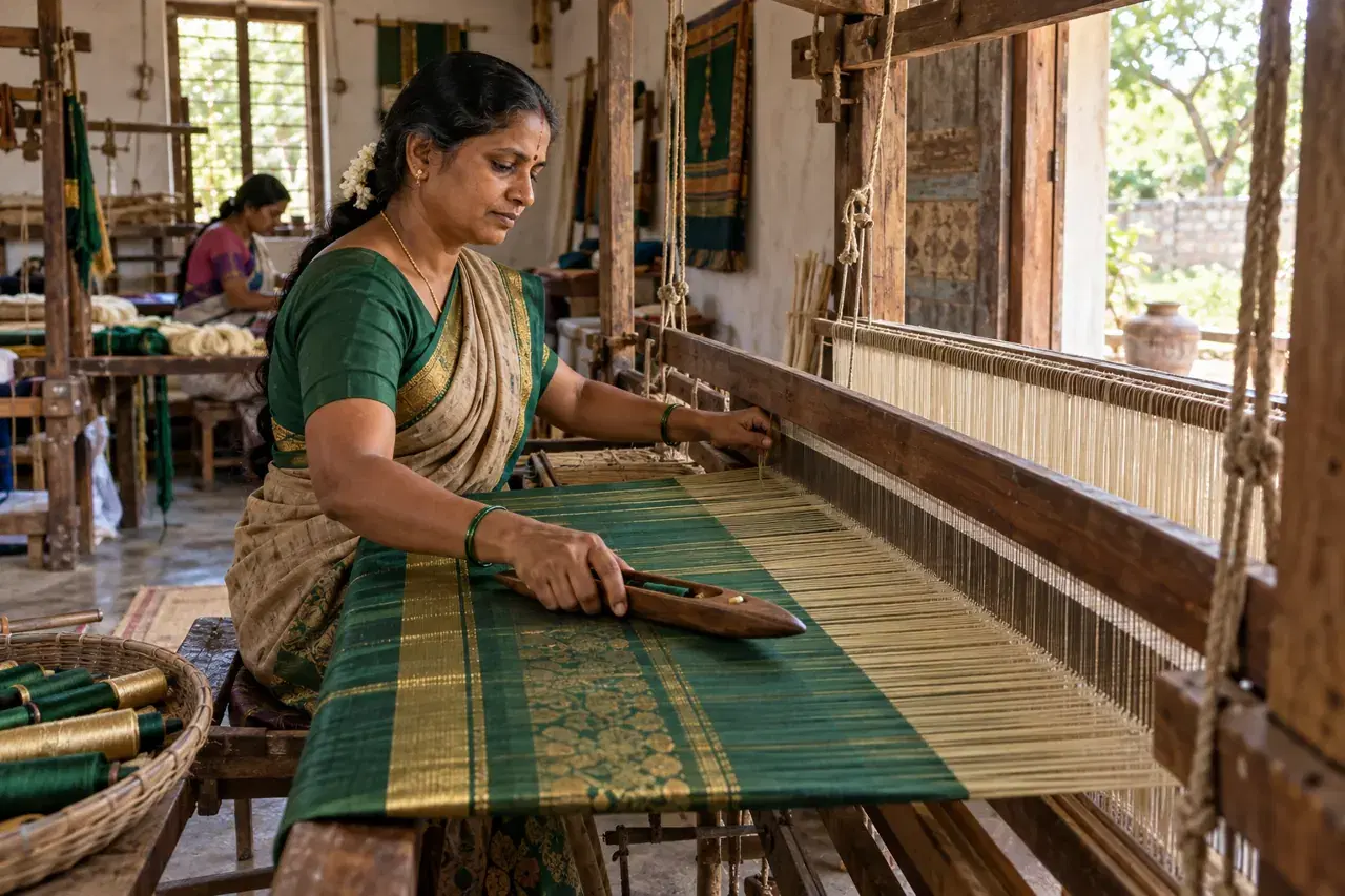 Illustrative scene of an Indian woman weaving a green and gold textile on a wooden handloom