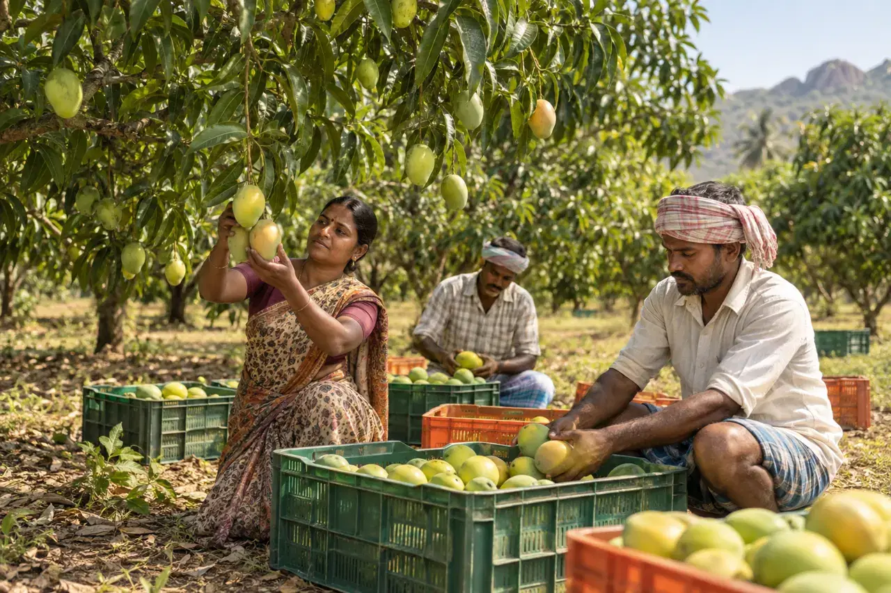 Illustrative scene of Indian orchard workers picking mangoes and placing them in harvest crates