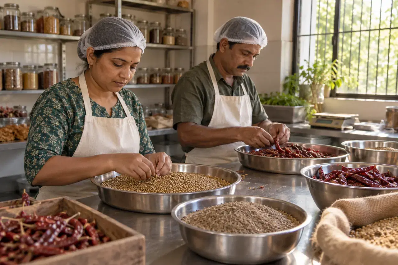 Illustrative scene of Indian food workers sorting whole spices in a clean preparation space
