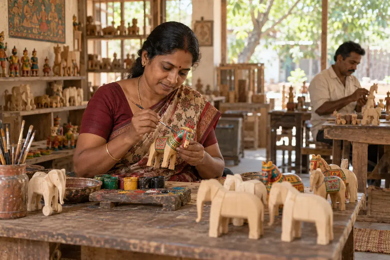 Illustrative scene of an Indian artisan hand-painting a small wooden toy