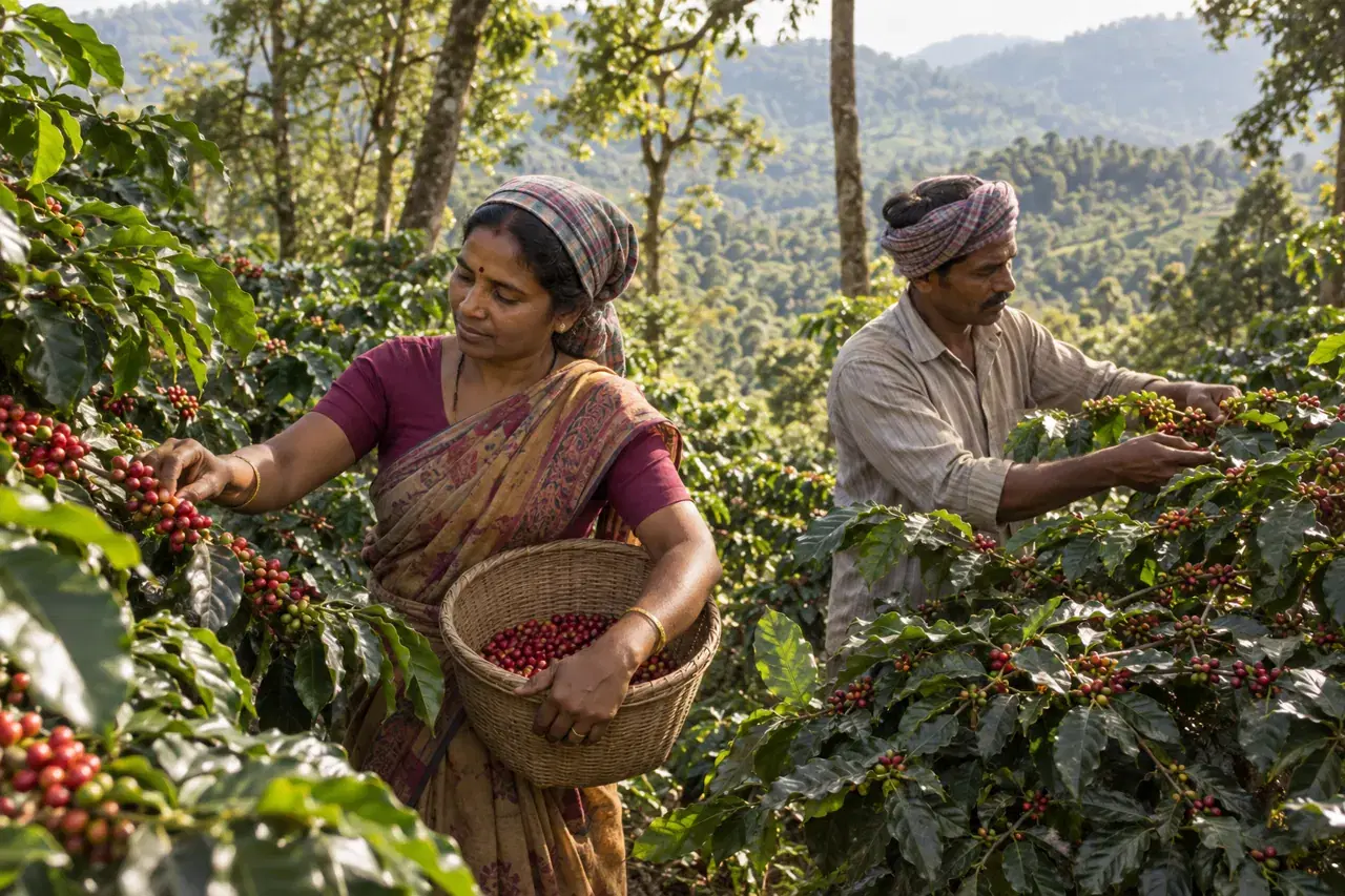 Illustrative scene of Indian coffee growers picking ripe cherries into a basket