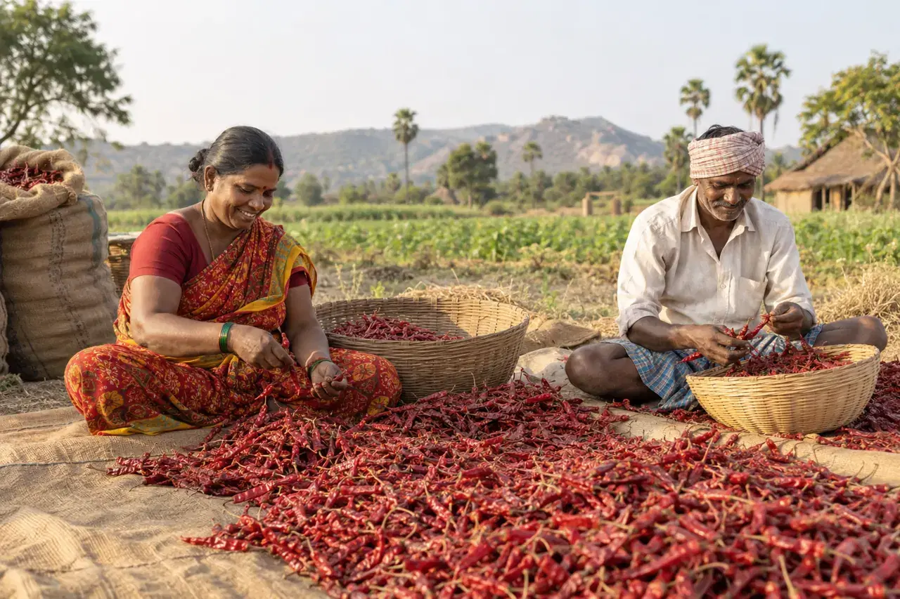 Illustrative scene of Indian farmers sorting red chillies on drying mats
